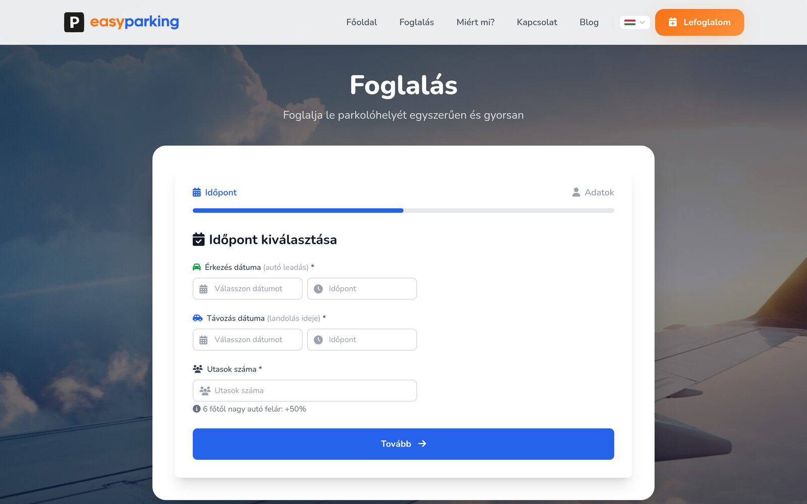 Az EasyParking foglalófelülete: időpontválasztás és azonnali ár.