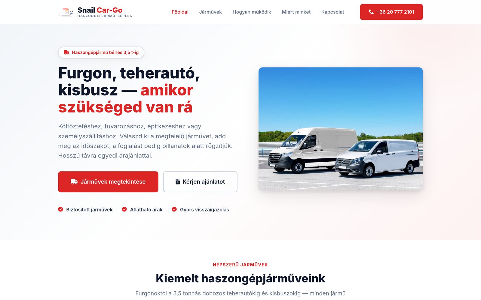 A Snail Car-Go bérlési oldala a járműválasztóval.